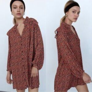 ZARA Long Sleeve Floral Ruffled Red Dress Sz XL